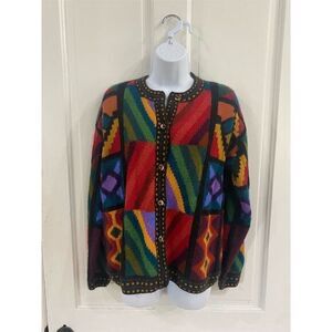 Vintage Perez Handmade Baby Alpaca  wool Knit Cardigan Sweater Multicolor